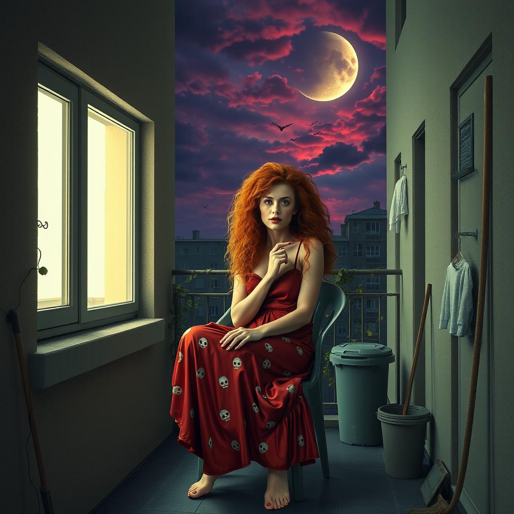 A realistic image of a beautiful, 40-year-old woman sitting on a plastic chair on a very narrow and small dystopian balcony at the back side of a moody flat