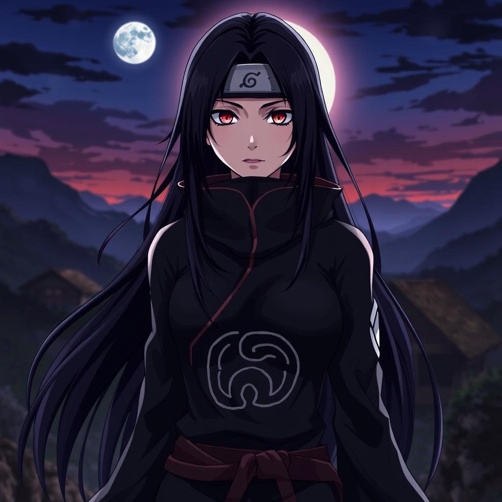 A stunning female version of Obito Uchiha from the anime Naruto, featuring long, dark hair and a confident yet mysterious expression