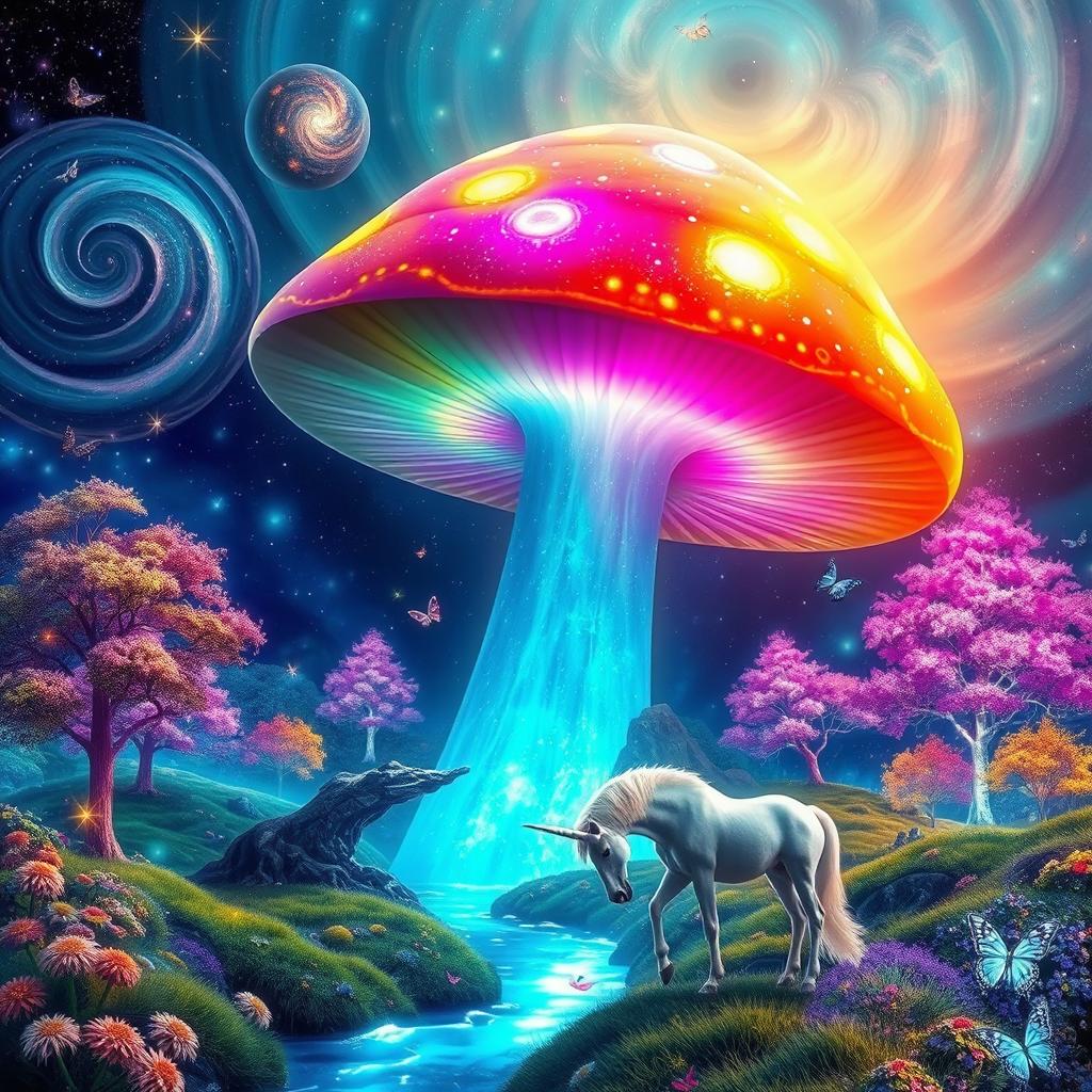 A surreal landscape featuring a giant, glowing mushroom with vibrant colors, surrounded by a mystical forest with luminescent trees and sparkling streams
