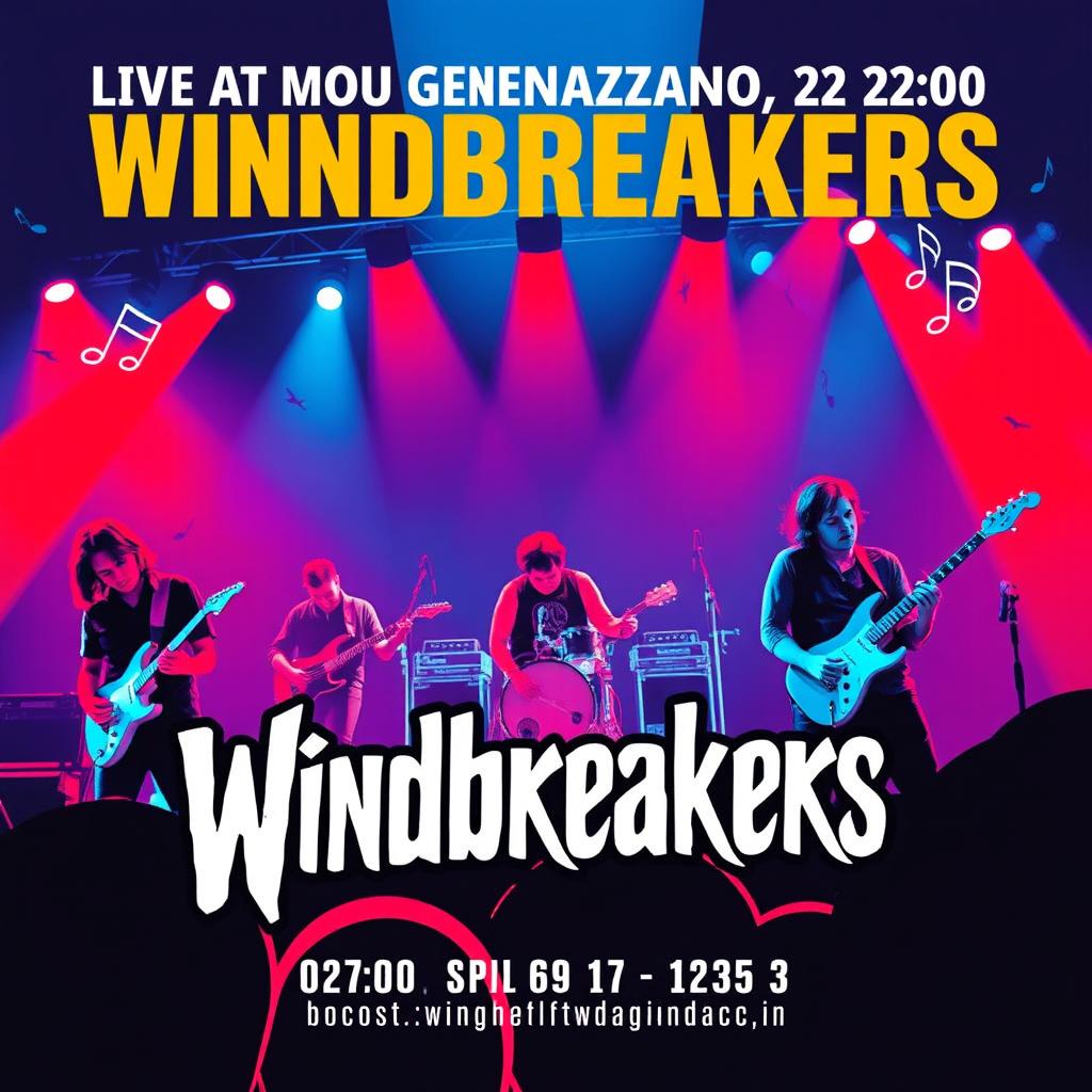 A vibrant event poster featuring a live music concert for the group 'Windbreakers'