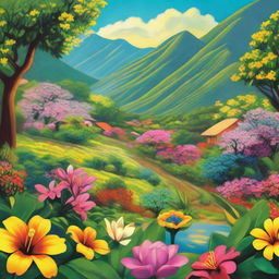 A vibrant depiction of Spring in Venezuela, filled with luscious flora, radiant sunshine, and elements characteristic of Venezuelan culture