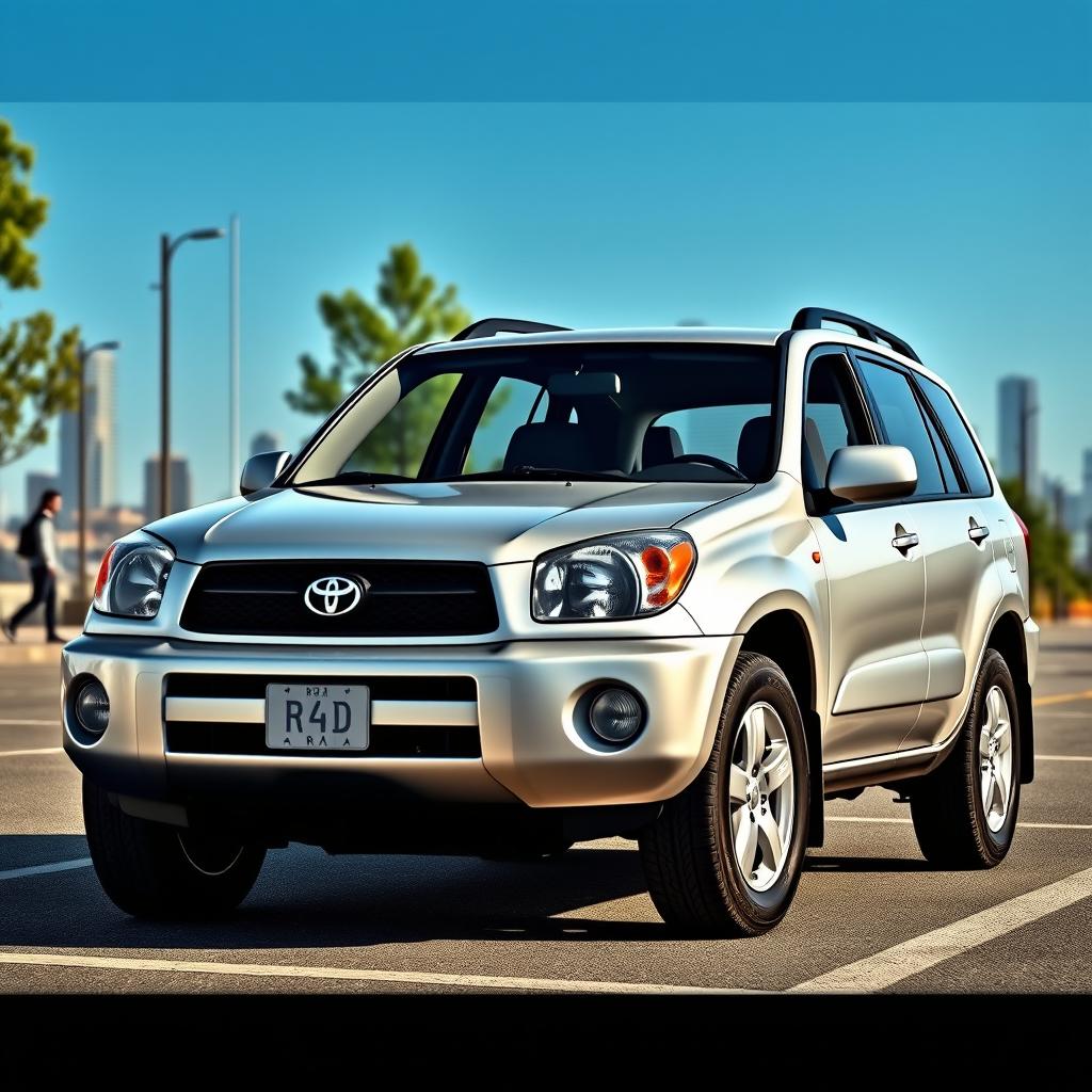A detailed, realistic rendering of a 2004 Toyota RAV4 in a sleek silver color, showcasing its 5-door design
