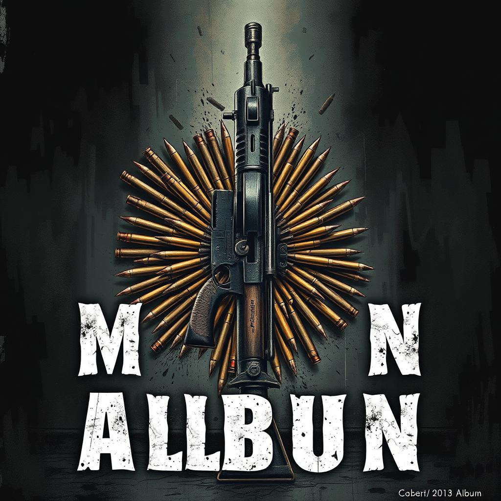 An intense and striking album cover featuring a detailed illustration of a vintage machine gun prominently displayed in the center