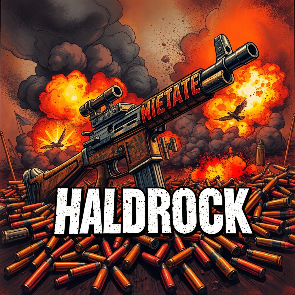 An explosive and captivating album cover featuring a detailed illustration of a vintage machine gun prominently positioned in the foreground