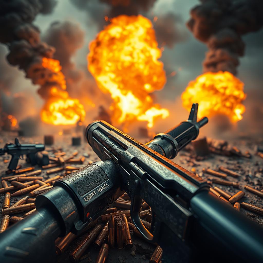 A dramatic scene featuring a powerful machine gun in the foreground, detailed with intricate designs and a polished finish