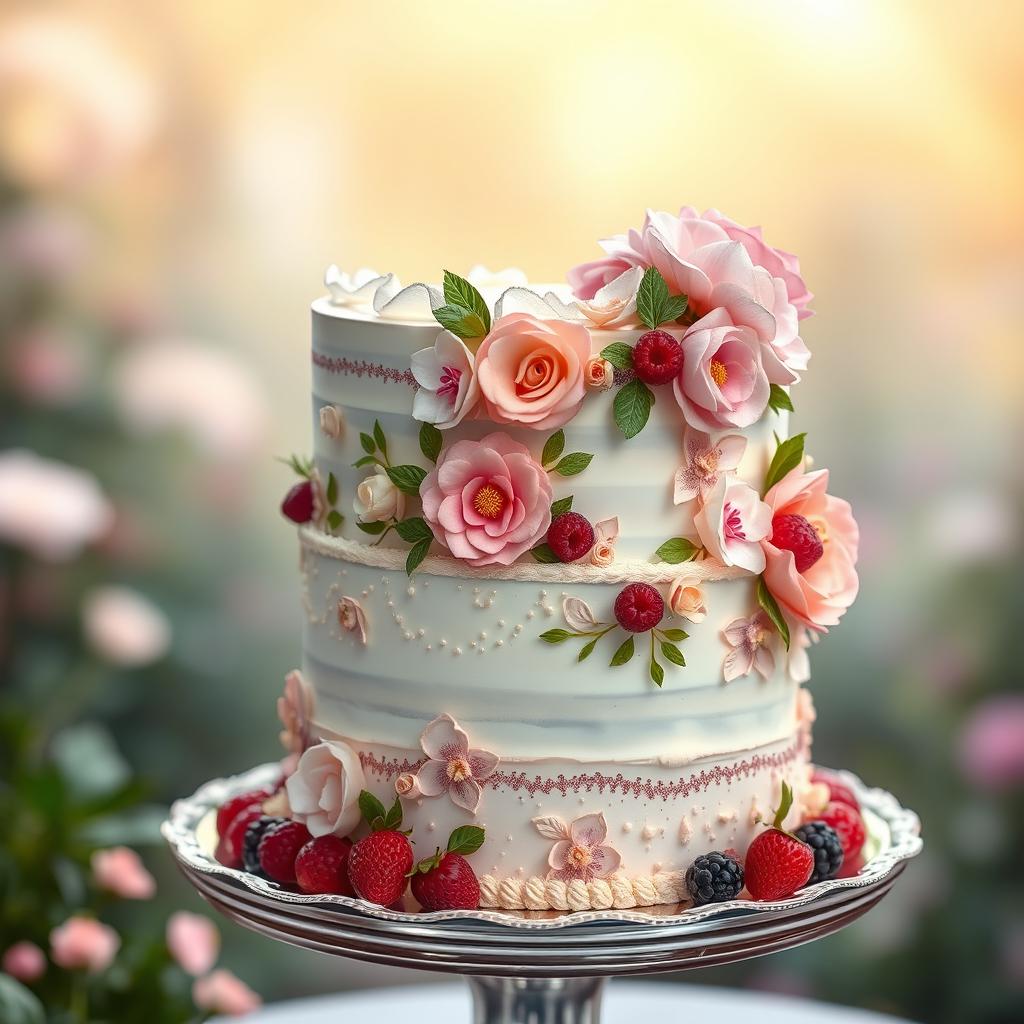 A beautifully decorated cake inspired by a stunning image, featuring intricate floral designs and pastel colors, topped with delicate edible glitter and surrounded by fresh berries