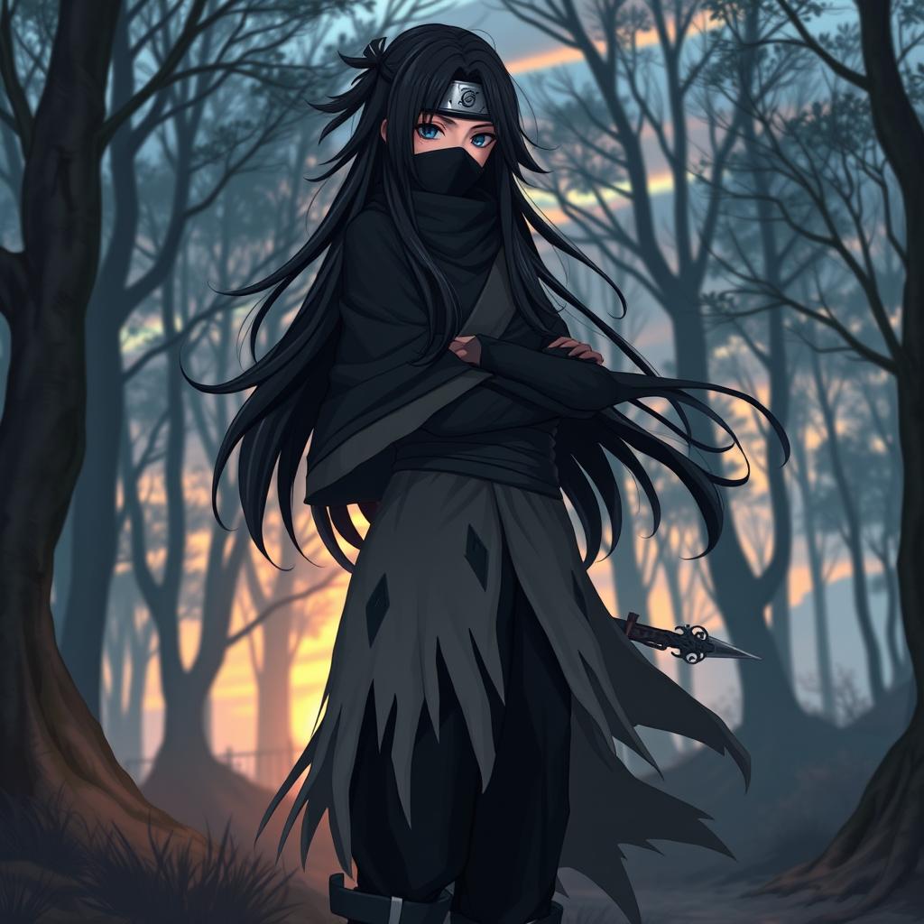 A stunning female character inspired by Obito, featuring long black hair with a slight wave, wearing an iconic ninja outfit that includes a shredded cloak