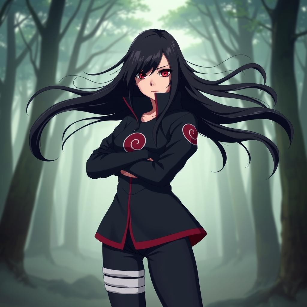 A beautiful female version of Obito Uchiha, featuring long, flowing black hair and a confident expression