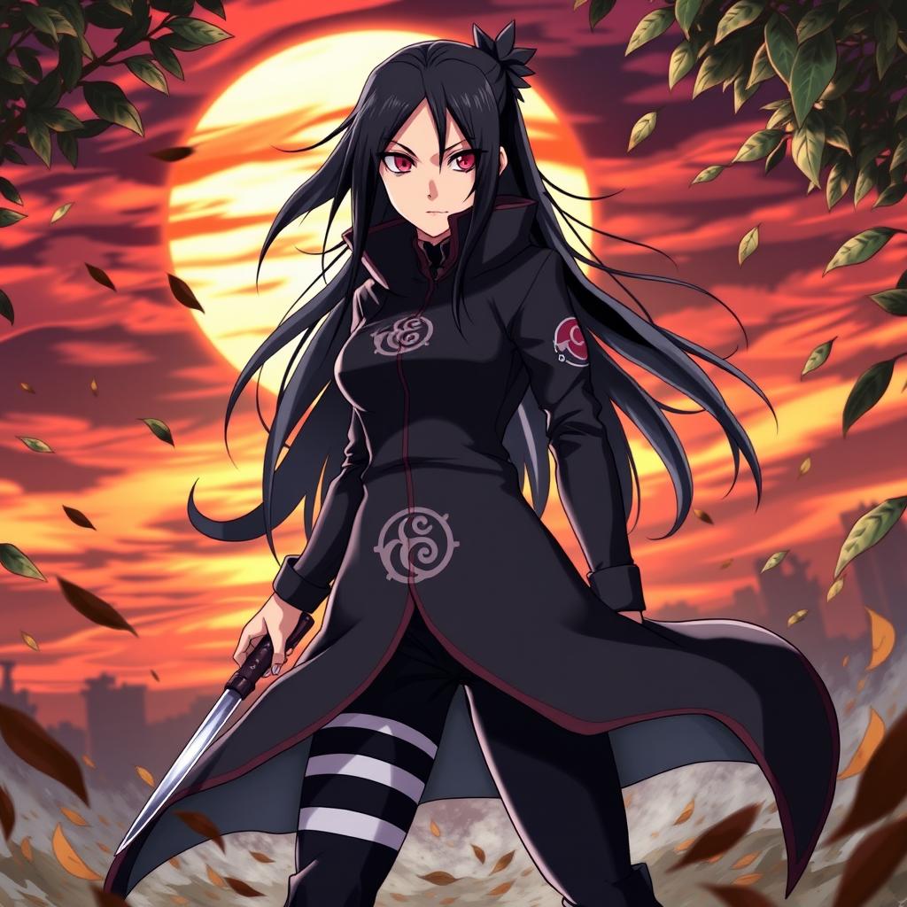 A striking female version of Obito Uchiha, characterized by long, sleek black hair styled in a way that complements her determined look