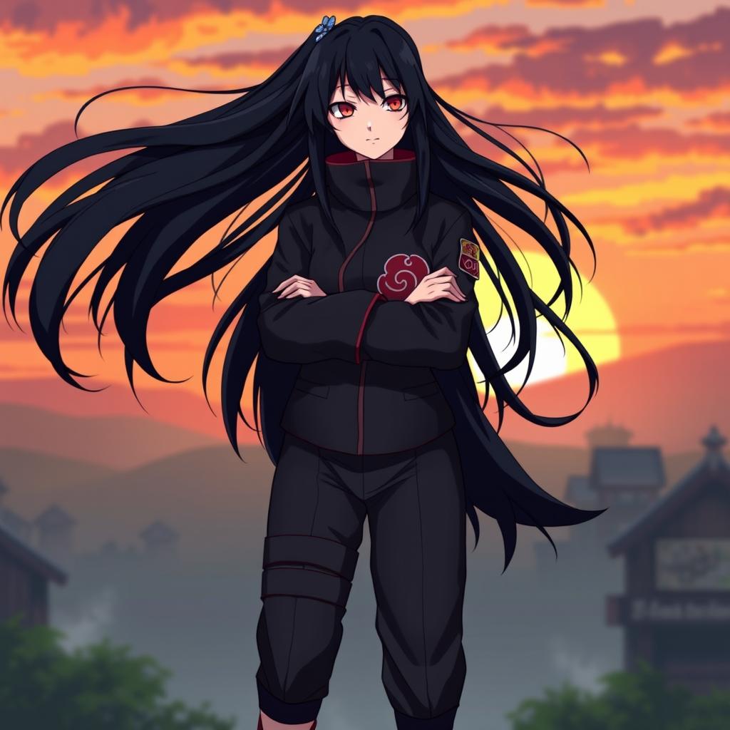 A captivating character design of Obito Uchiha's twin sister, featuring striking long black hair styled similarly to Obito's, flowing elegantly