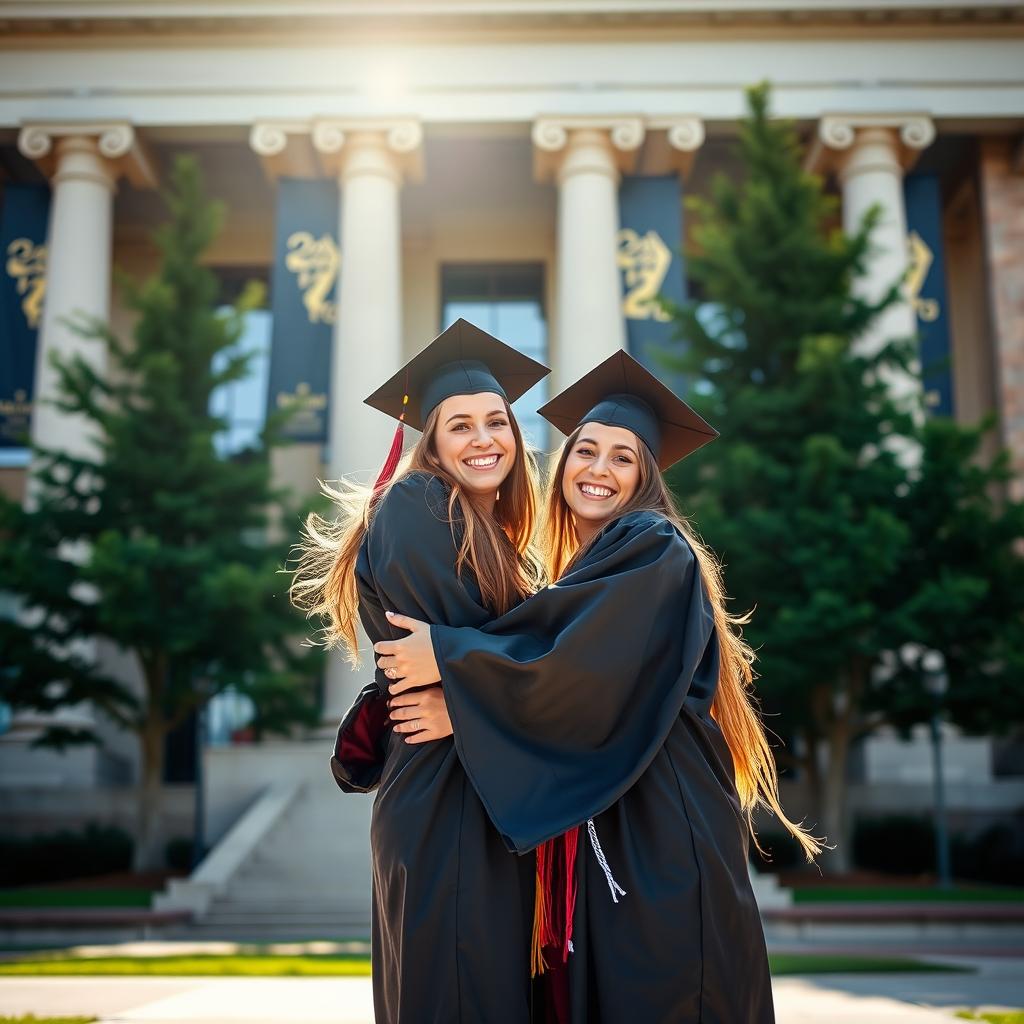 A beautifully staged graduation photo capturing two joyful graduates in their caps and gowns standing on a university campus