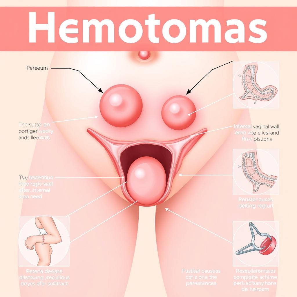 An informative medical illustration showing a detailed infographic about hematomas (bruise-like swellings) after childbirth
