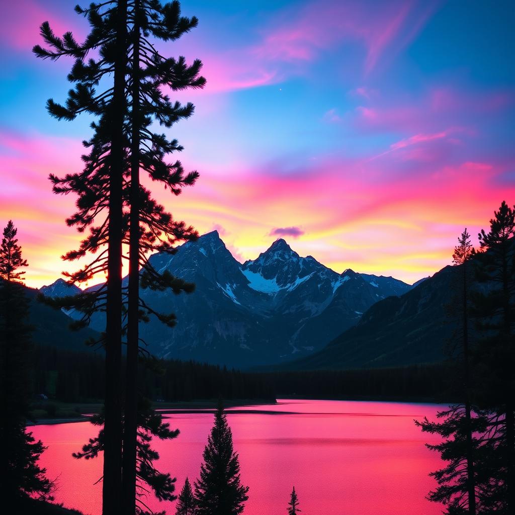 A stunning landscape photograph capturing a vast mountain range at dusk, with vibrant pink and purple hues filling the sky as the sun sets behind the peaks
