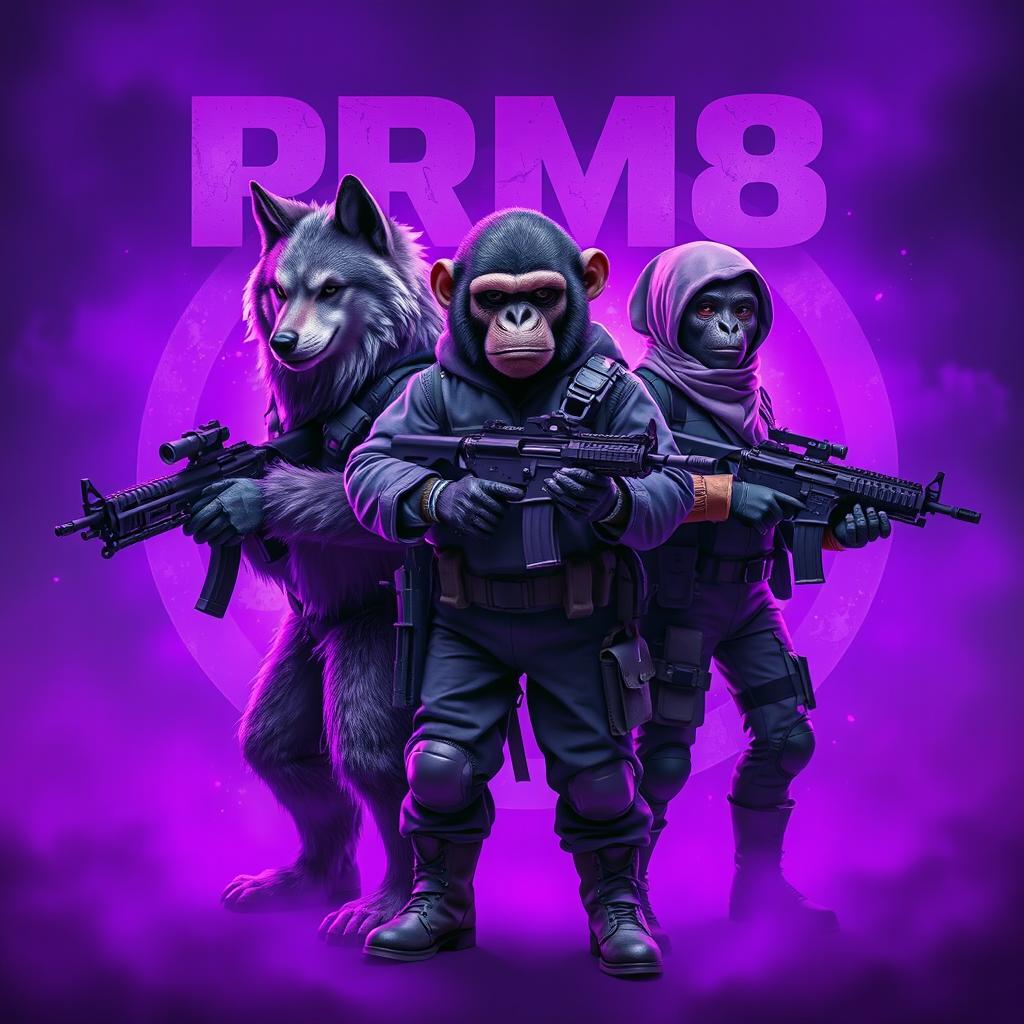 A captivating scene featuring a humanized wolf with striking fur detail, a humanized monkey with expressive facial features, and a masked woman dressed in World War 2-style tactical gear, all three confidently holding guns