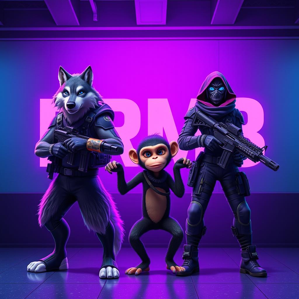 A scene featuring a humanized wolf, a humanized monkey, and a masked woman in tactical gear, all standing confidently while holding guns