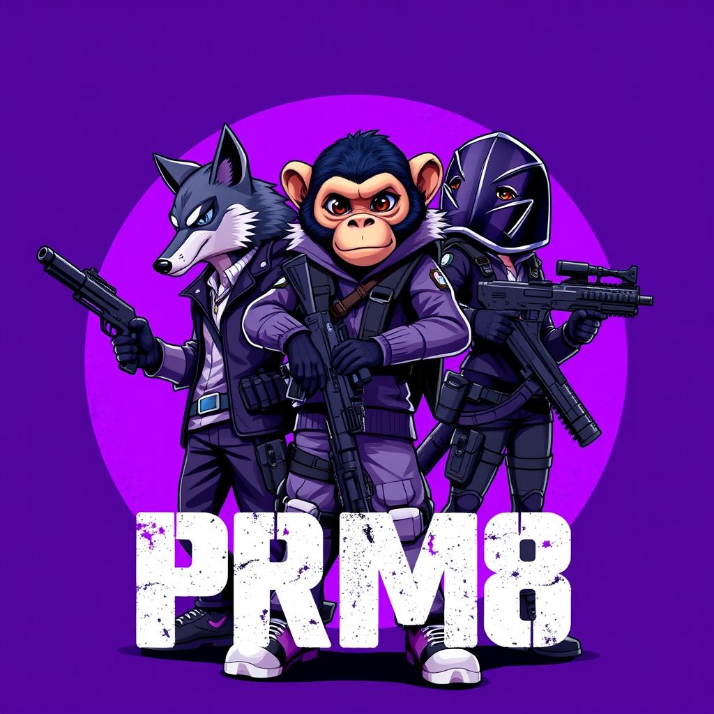 A striking image featuring a humanized wolf, a humanized monkey, and a masked woman holding guns, standing confidently against a vibrant purple-themed background