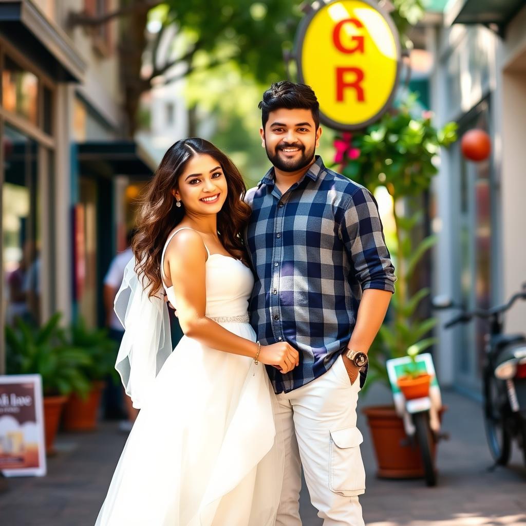 A stunning bride wearing an off-white sleeveless frock, radiating elegance and beauty, alongside her groom dressed in a stylish navy blue check shirt paired with white cargo pants and fashionable shoes