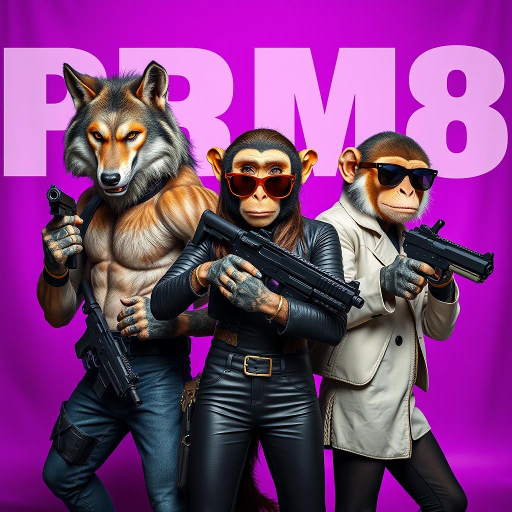 A striking scene featuring a fierce Humanized Wolf, an intelligent Humanized Monkey, and a stylish Woman wearing sunglasses, all standing confidently while holding guns