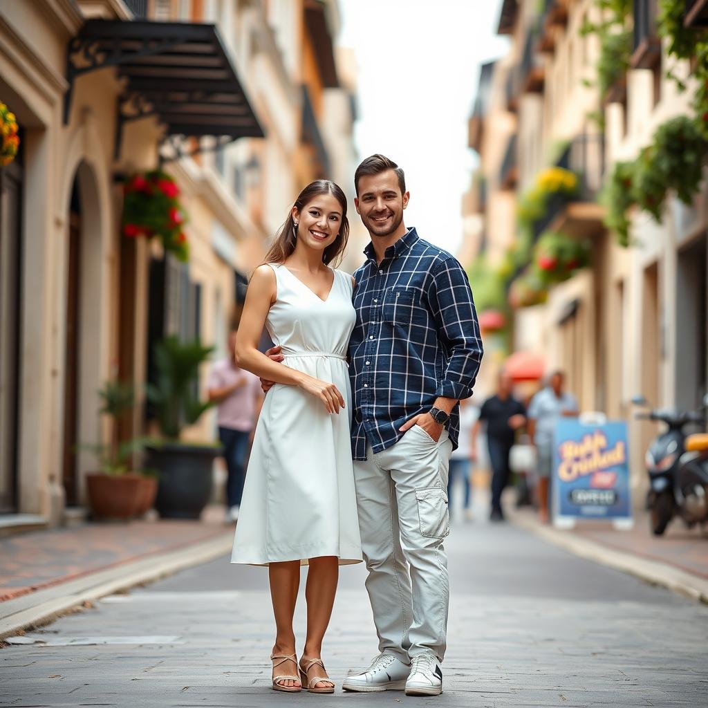 A beautiful bride in an off-white sleeveless frock, exuding grace and charm, standing beside her groom, who is stylishly dressed in a navy blue thin-lined check shirt, complemented by white cargo pants and trendy shoes