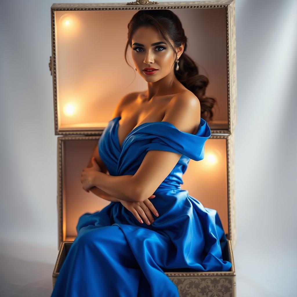 A stunning lady wearing a fashionable dress inside a beautifully decorated box