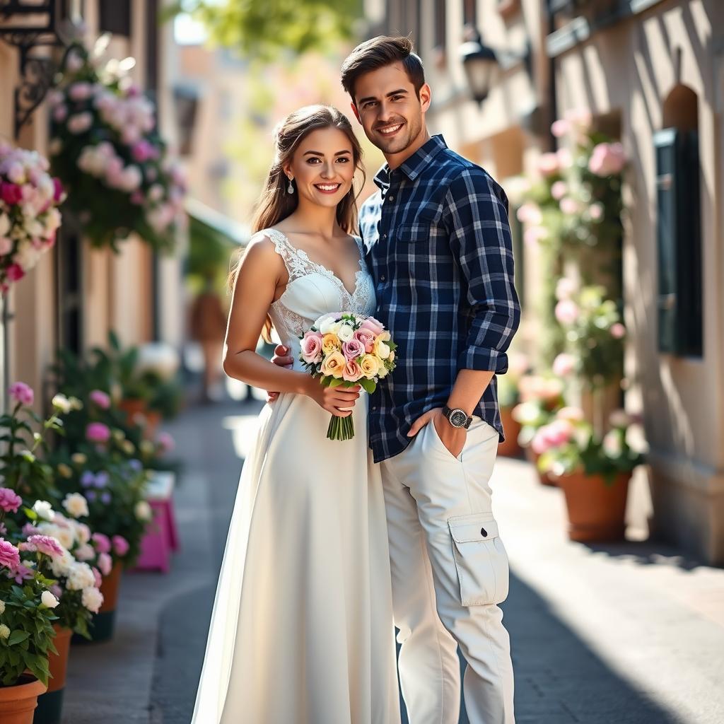 A beautiful pre-wedding photoshoot scene featuring a bride in an off-white sleeveless frock with delicate lace detailing, holding a bouquet of pastel flowers, and a groom in a navy blue thin-lined check shirt and white cargo pants, looking stylish and relaxed
