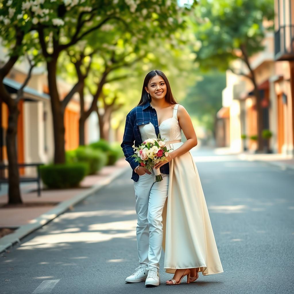 A picturesque pre-wedding photoshoot featuring a bride dressed in an elegant off-white sleeveless frock, adorned with subtle lace accents, holding a bouquet of fresh flowers