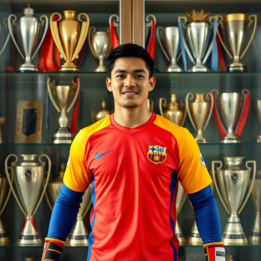 A Filipino male goalkeeper in action, wearing a vibrant Philippines Football Jersey
