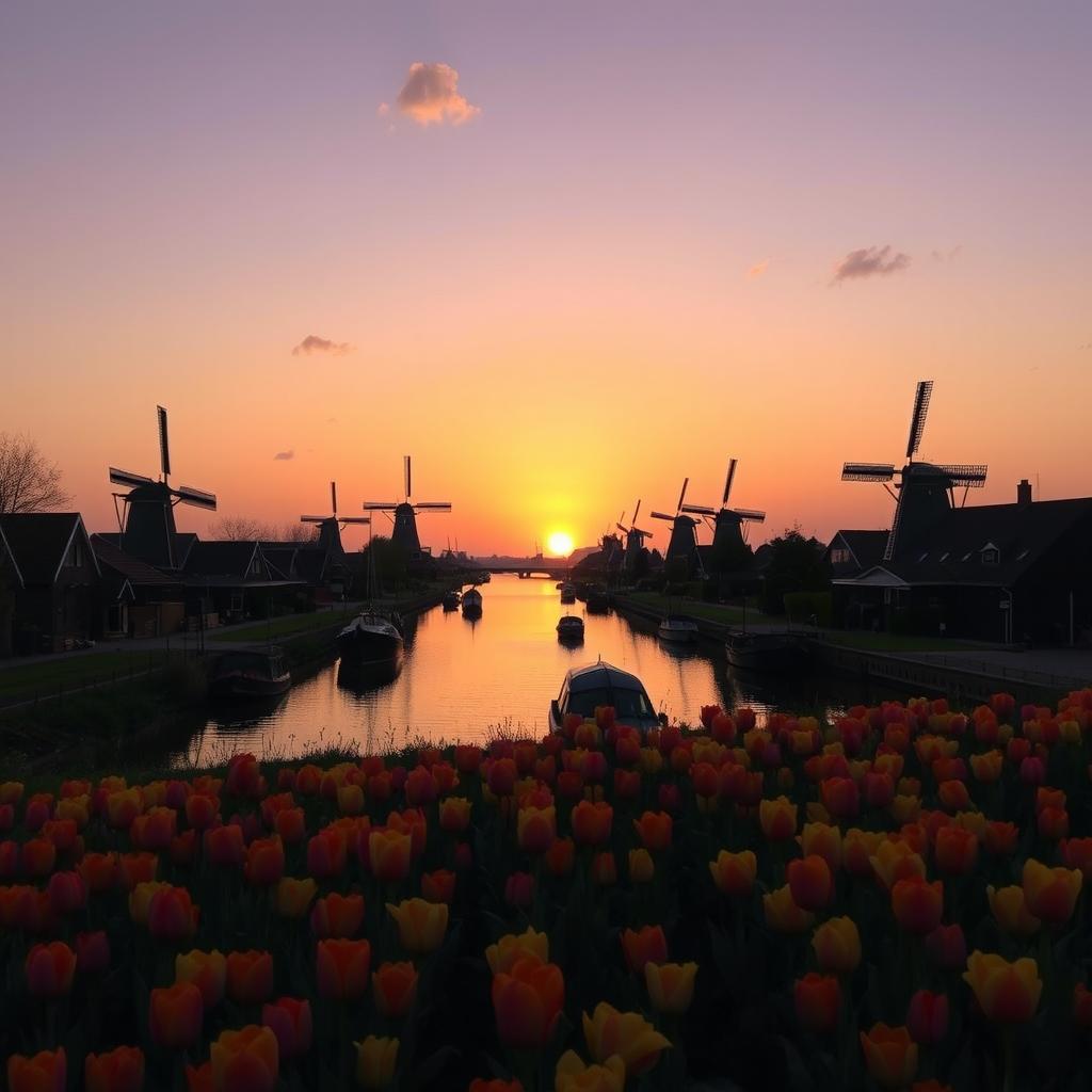 A captivating twilight scene in Holland, where the sun has just disappeared below the horizon, leaving a warm glow on the horizon at 19:30