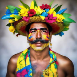 A striking image of a Venezuelan man named Spring, who embodies the bright and lively essence of the spring season along with distinct Venezuelan cultural elements.