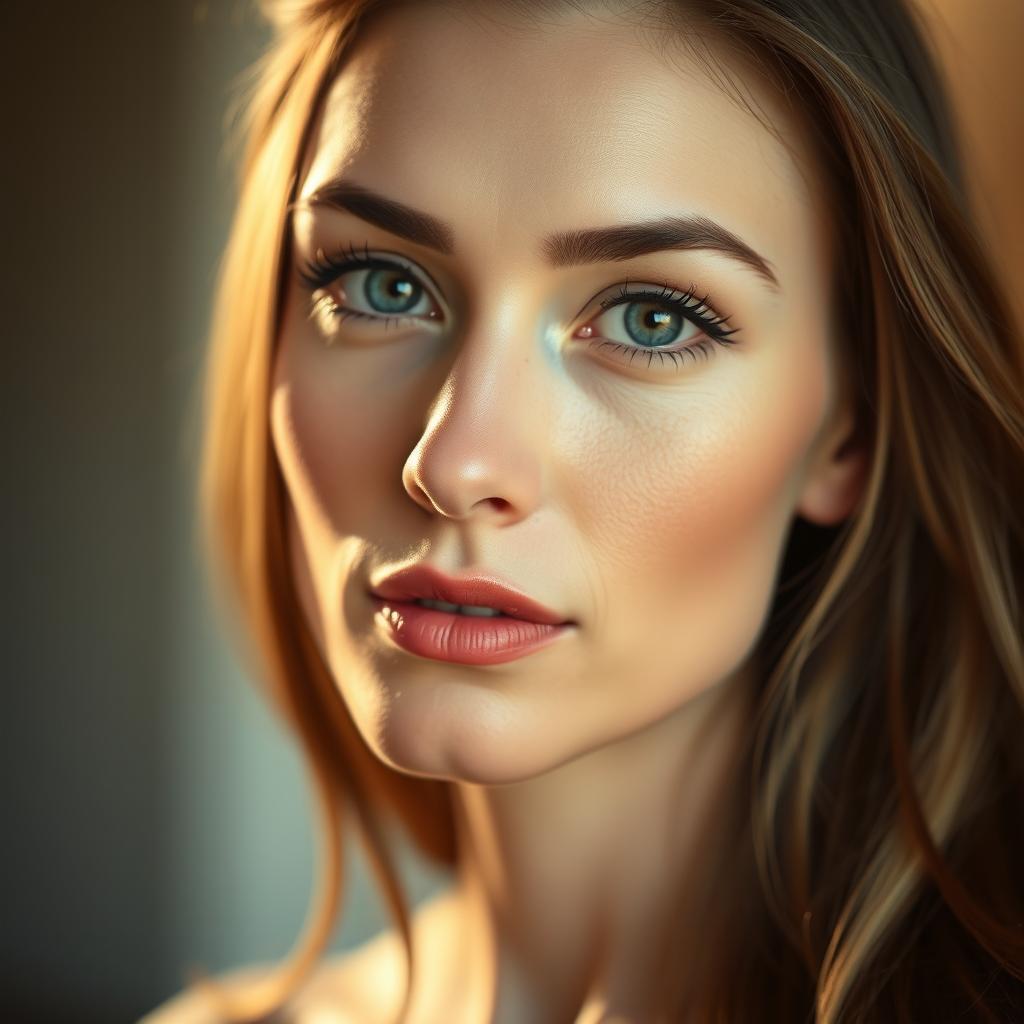 A portrait of a beautiful European woman with striking features, prominently showcasing her big turned-up nostrils nose