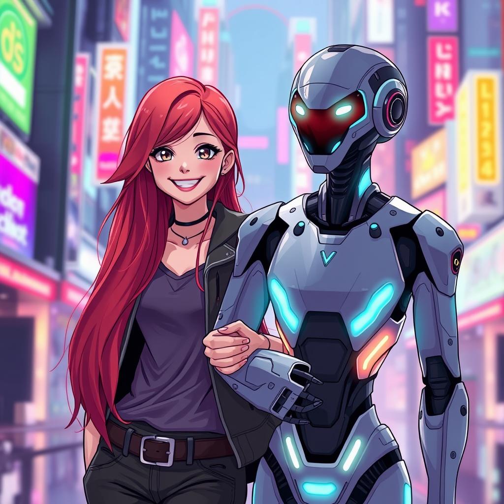 A girl with long red hair, wearing a stylish outfit, standing arm in arm with a futuristic AI companion