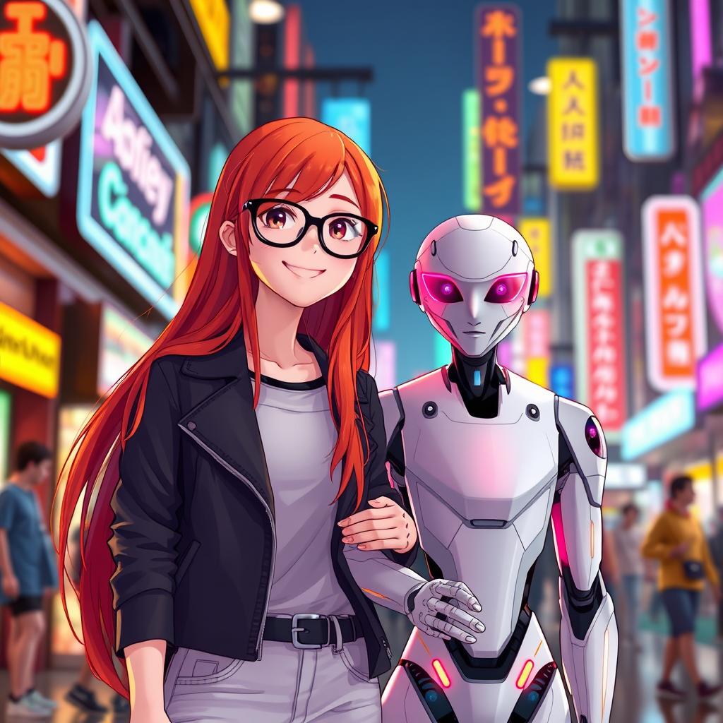A girl with long red hair and glasses, wearing a trendy outfit, standing arm in arm with a futuristic AI companion
