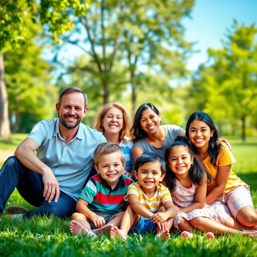 A warm and joyful family portrait featuring a diverse group of four adults and two children happily gathered outdoors