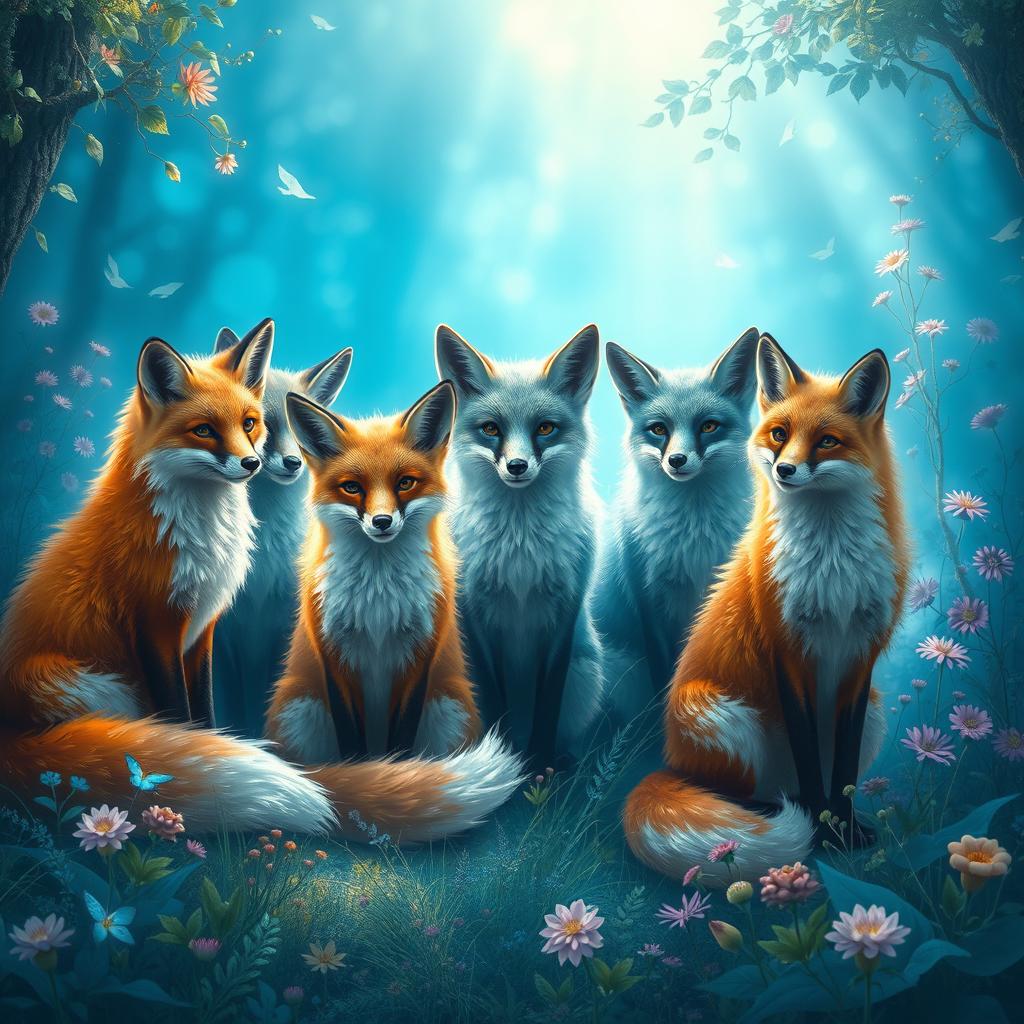 A group of foxes portrayed in a fantasy style, set in a captivating blue environment