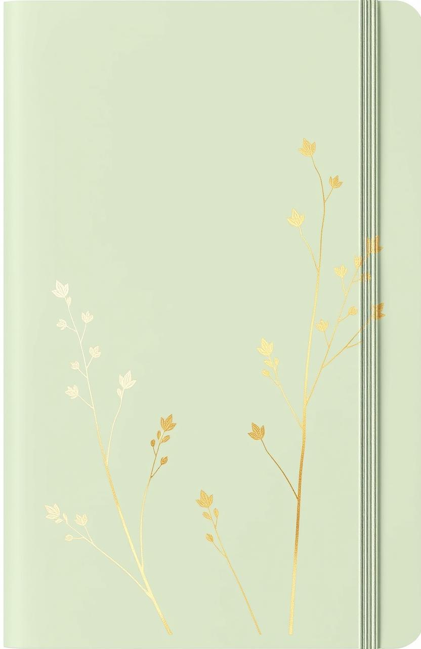 A journal cover design featuring a soothing sage green background adorned with delicate gold botanical line art