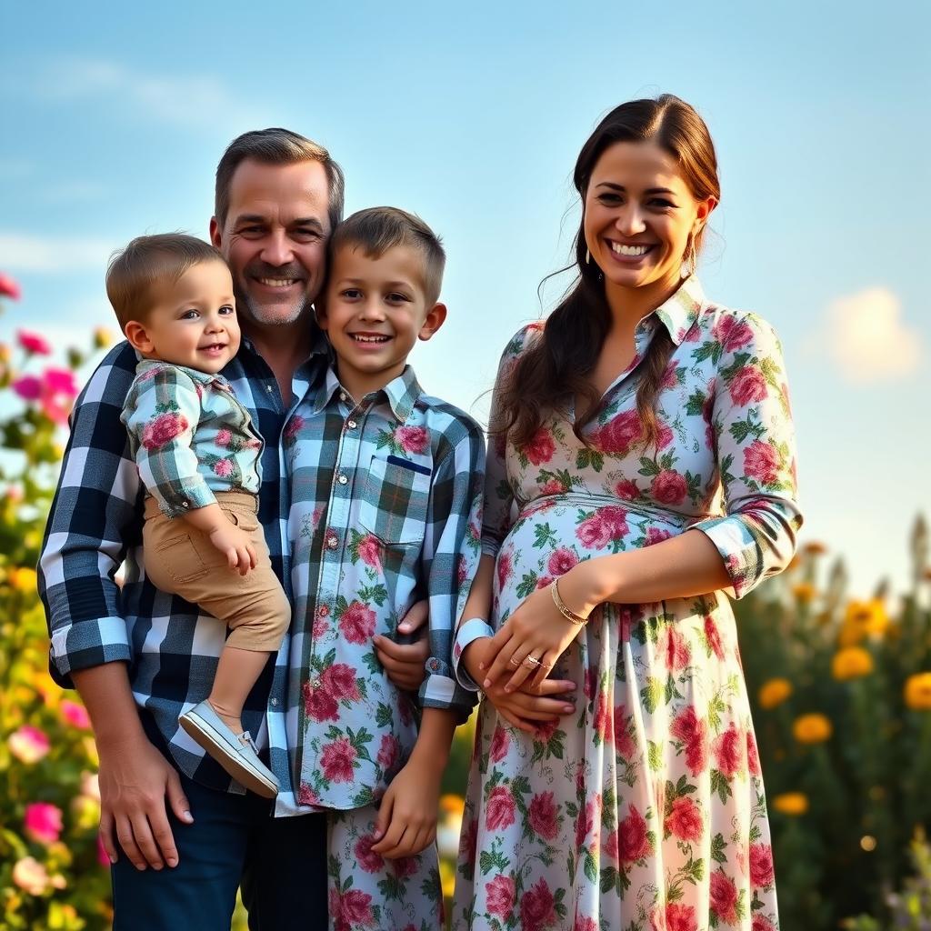 A joyful family scene featuring a father, mother, son, and daughter in a beautiful outdoor setting