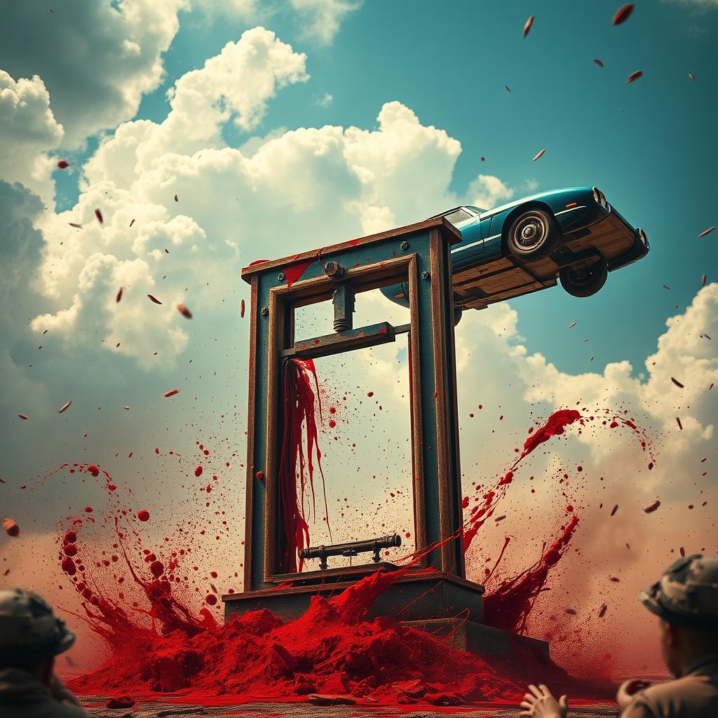 A dramatic scene featuring a guillotine in a vivid, chaotic setting