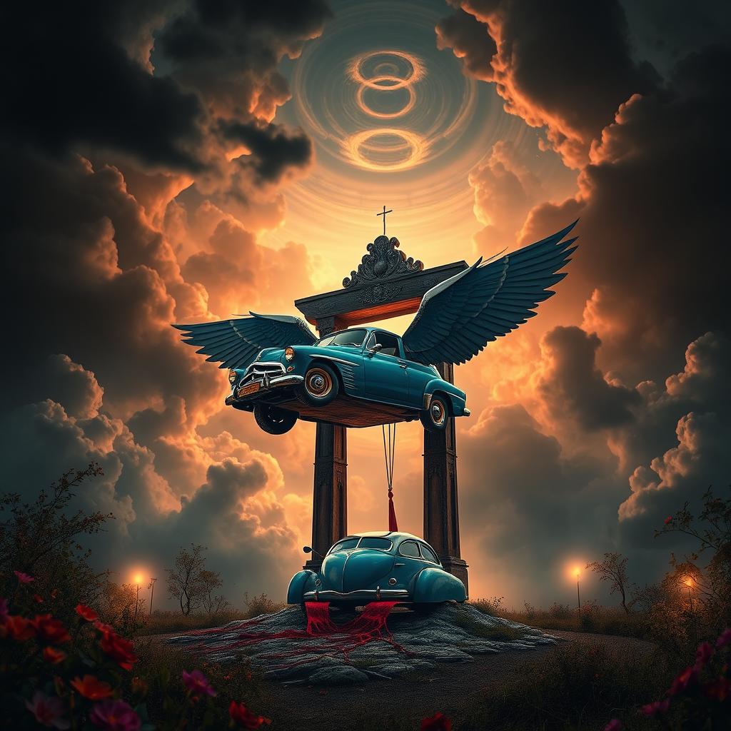 A striking fantasy scene showcasing a dramatic guillotine, surrounded by an intense and bloody atmosphere