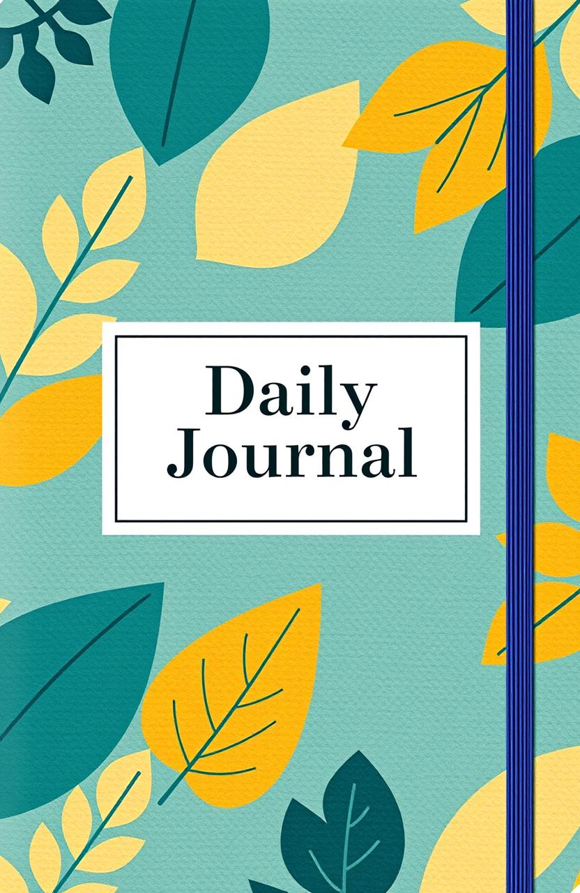 A stylish cover for a daily journal featuring modern geometric foliage patterns in a color palette of teal and mustard
