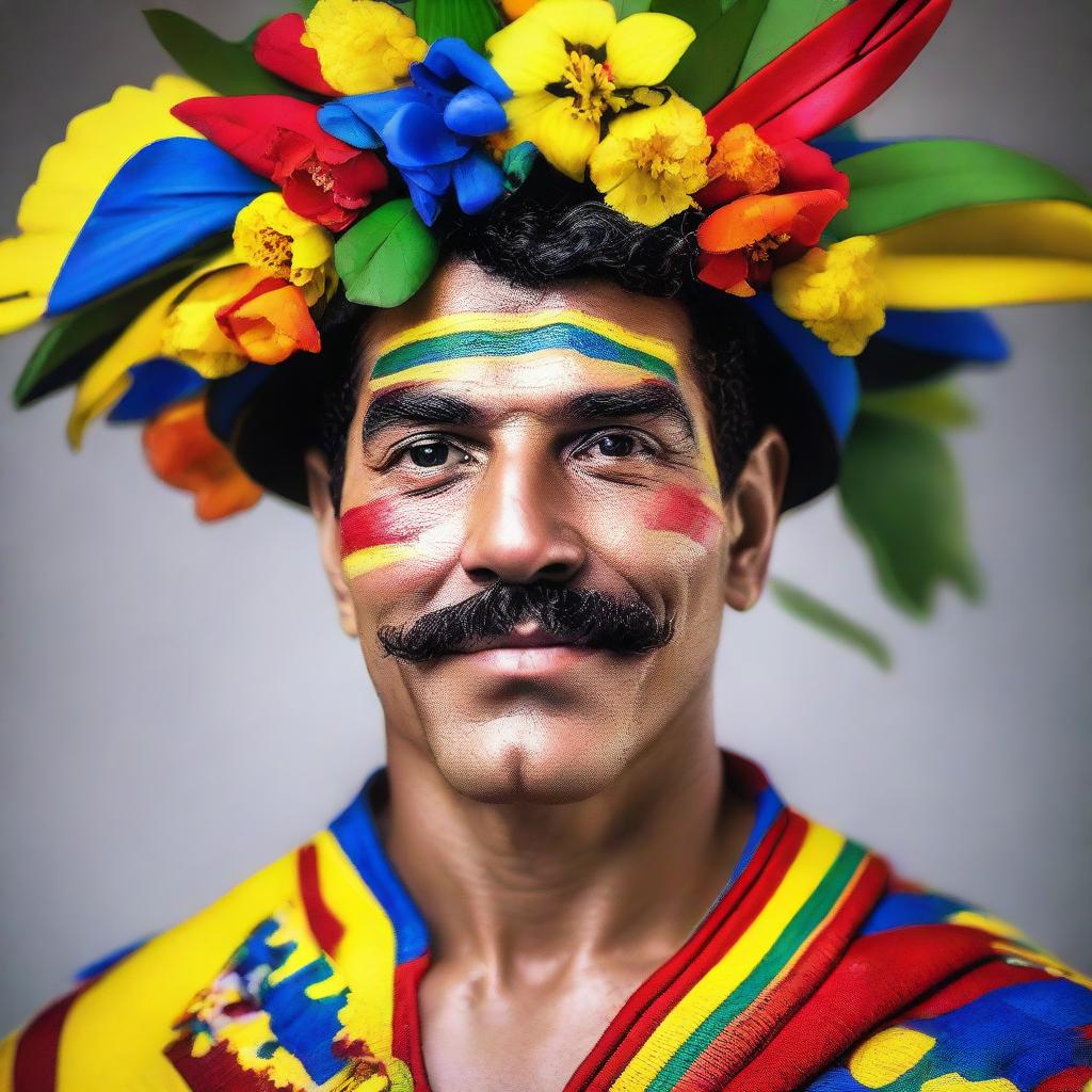 A striking image of a Venezuelan man named Spring, who embodies the bright and lively essence of the spring season along with distinct Venezuelan cultural elements.