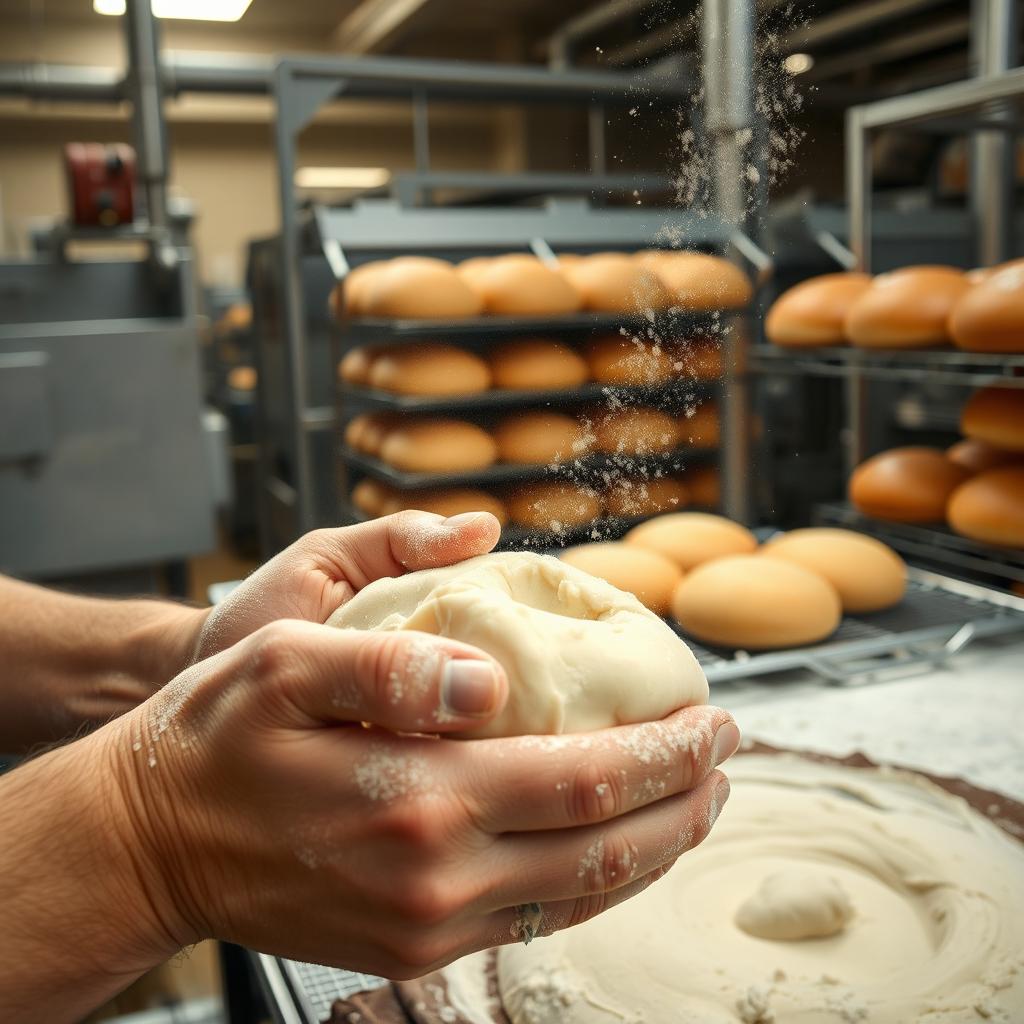 A close-up image of dough being kneaded in a bread factory, with flour dust dancing in the air