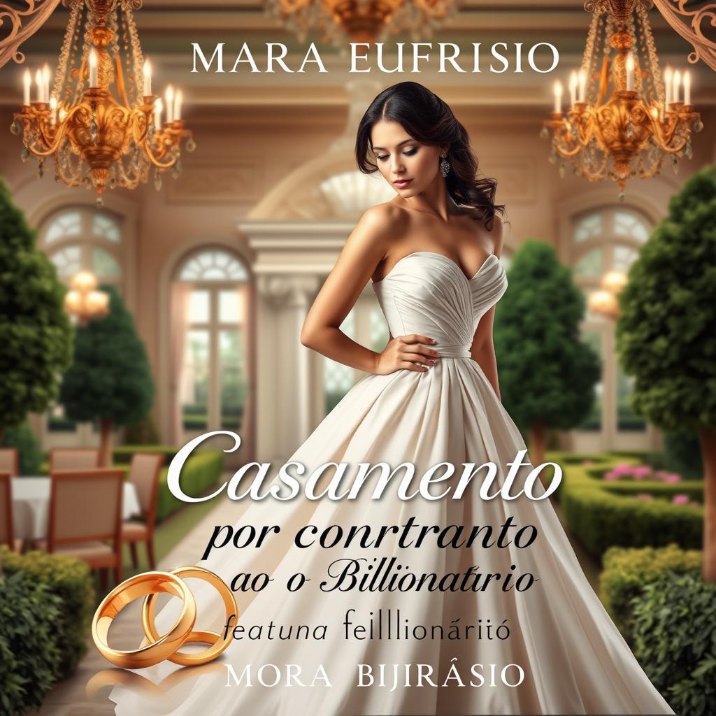 A captivating book cover for a romantic novel titled "Casamento por contrato com o Viúvo Bilionário" featuring Maria Eufrásio