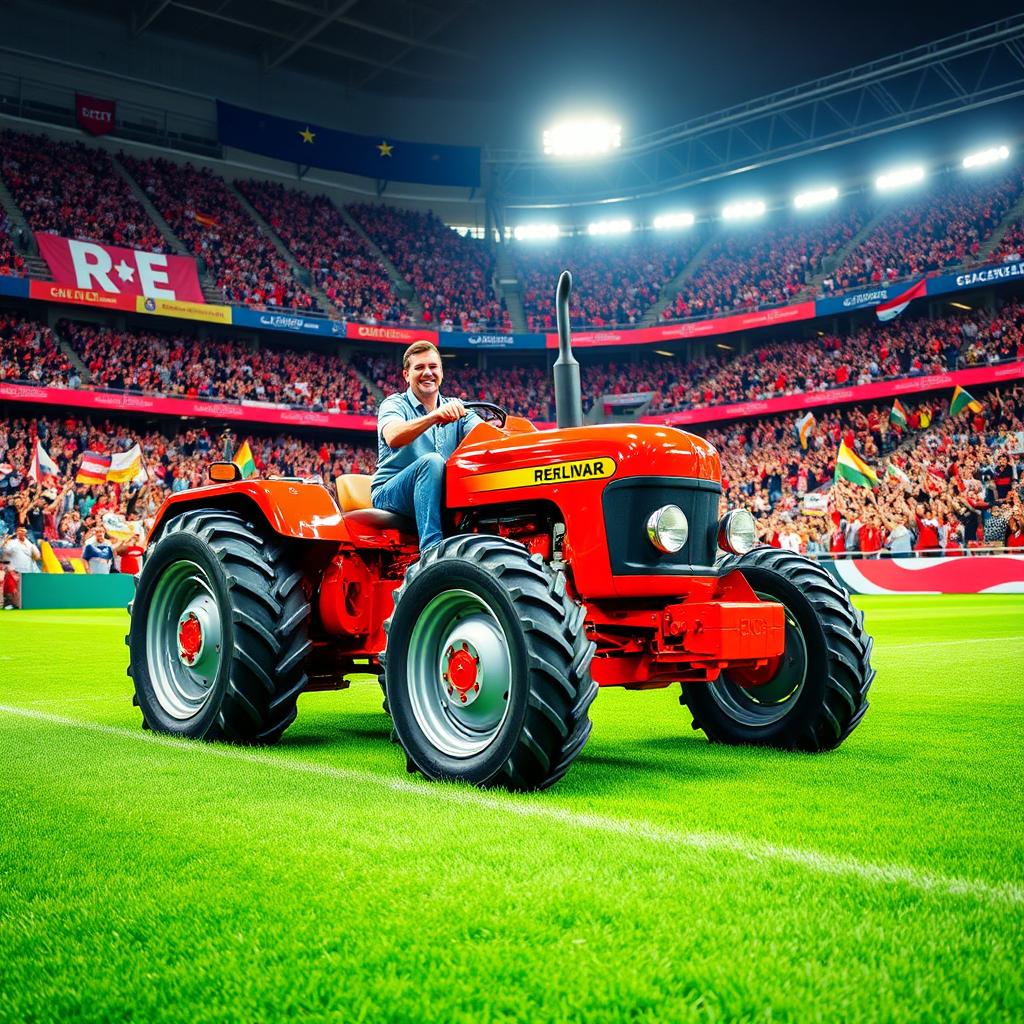 A man confidently riding a bright red tractor inside a large football stadium filled with excited fans