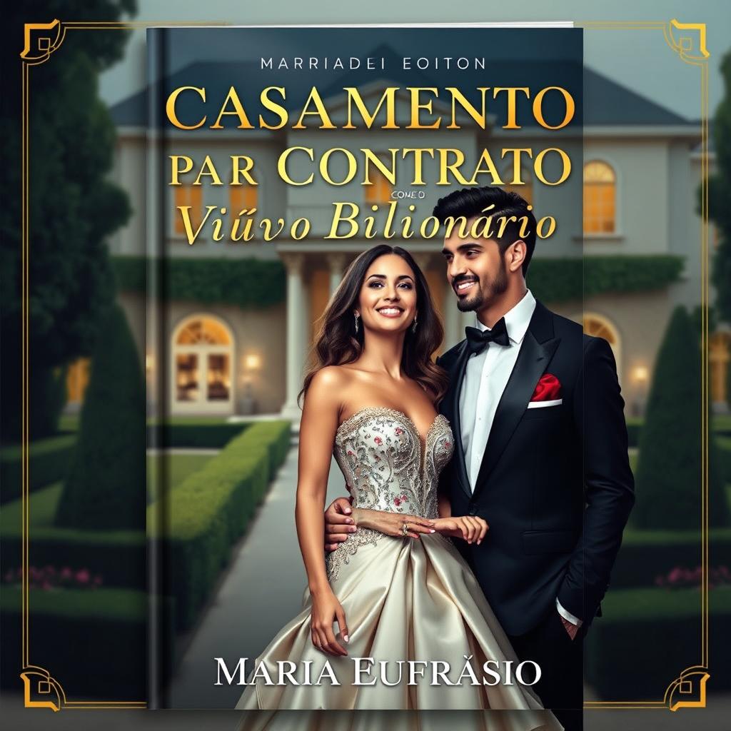 A romantic book cover titled 'Casamento por Contrato com o Viúvo Bilionário' featuring Maria Eufrásio, showcasing a chic couple in an elegant setting