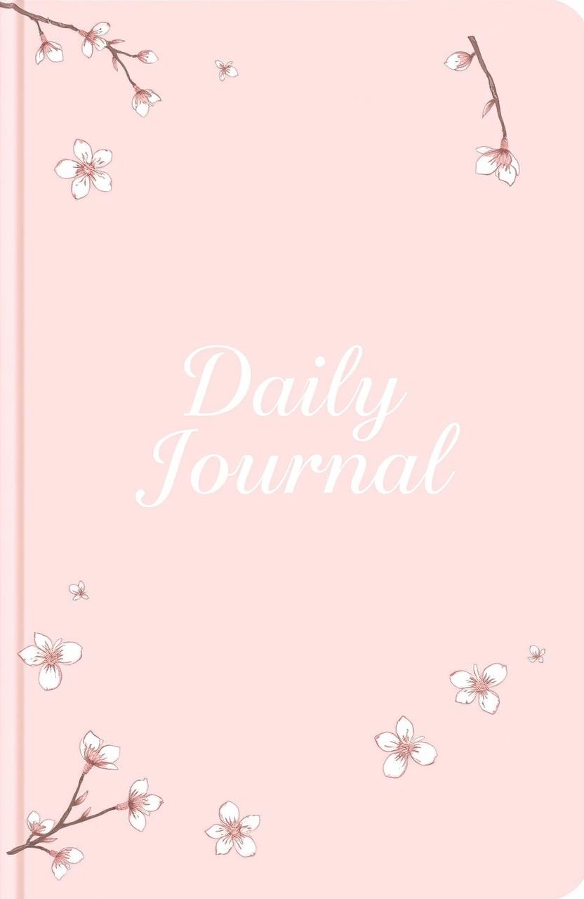 A soft spring-themed journal cover featuring a blush pink background with delicate sketches of cherry blossoms scattered throughout