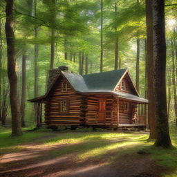 A quaint log cabin nestled within a dense, lush forest, sunlight filtering through the canopy casting dappled shadows on the cabin