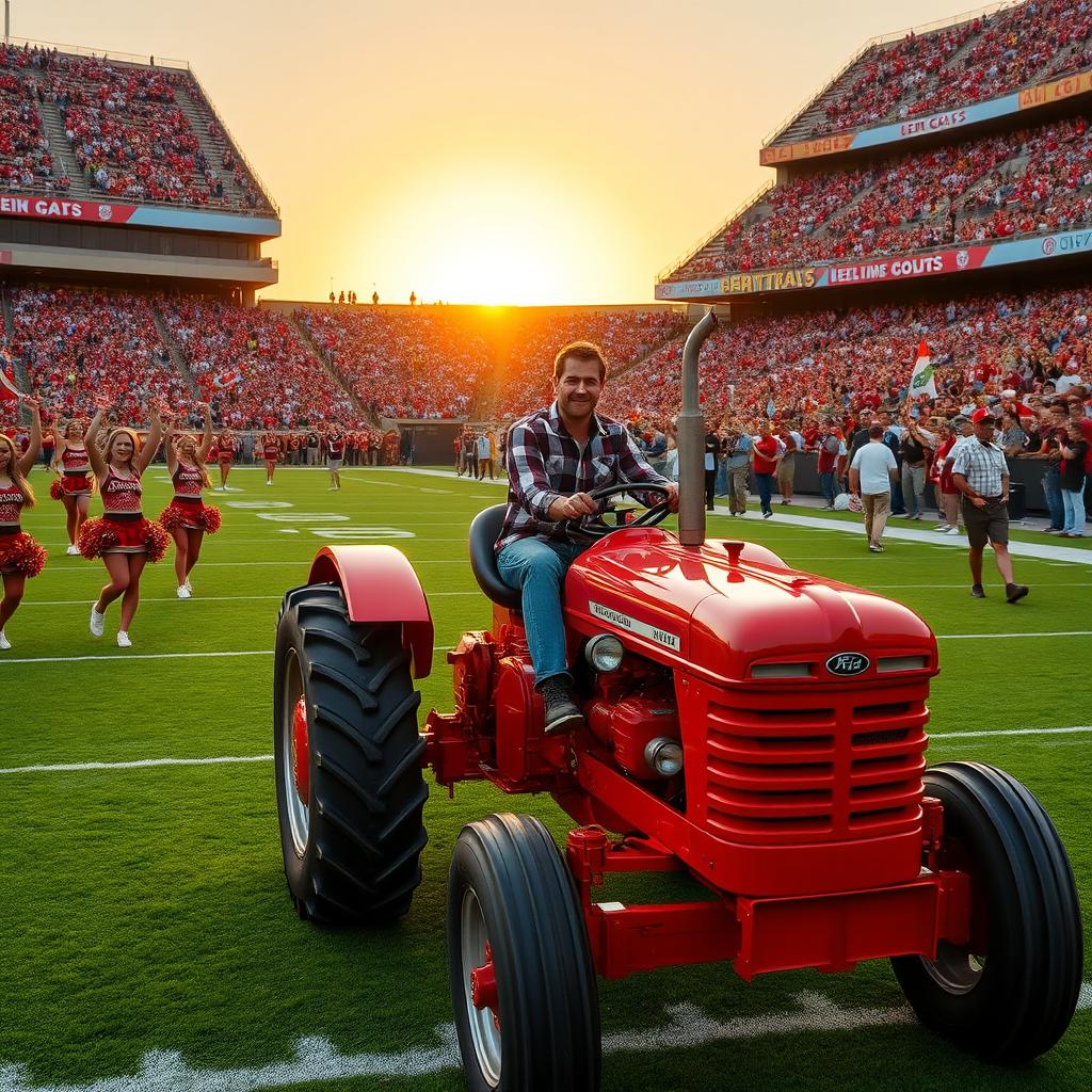 A man in a plaid shirt and denim jeans confidently riding a bright red tractor through a football stadium filled with cheering fans