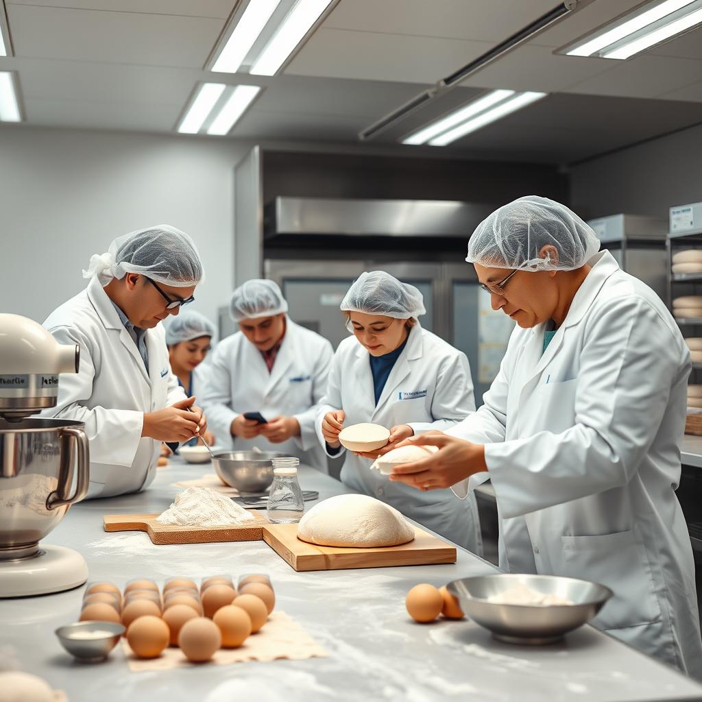 A team of food engineers collaborating in a modern bakery lab, focused on perfecting bread dough for large-scale production