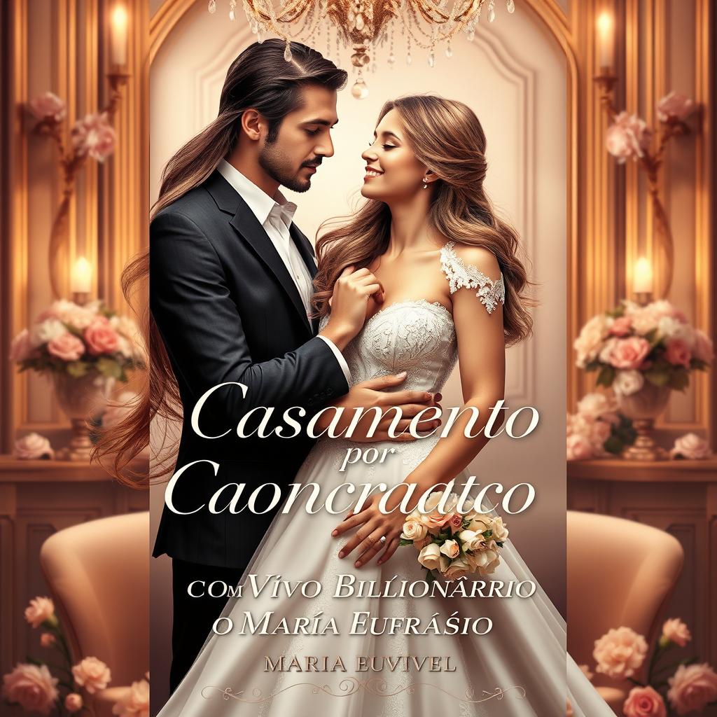 A romantic and elegant book cover for a novel titled 'Casamento por Contrato com o Viúvo Bilionário Maria Eufrásio'