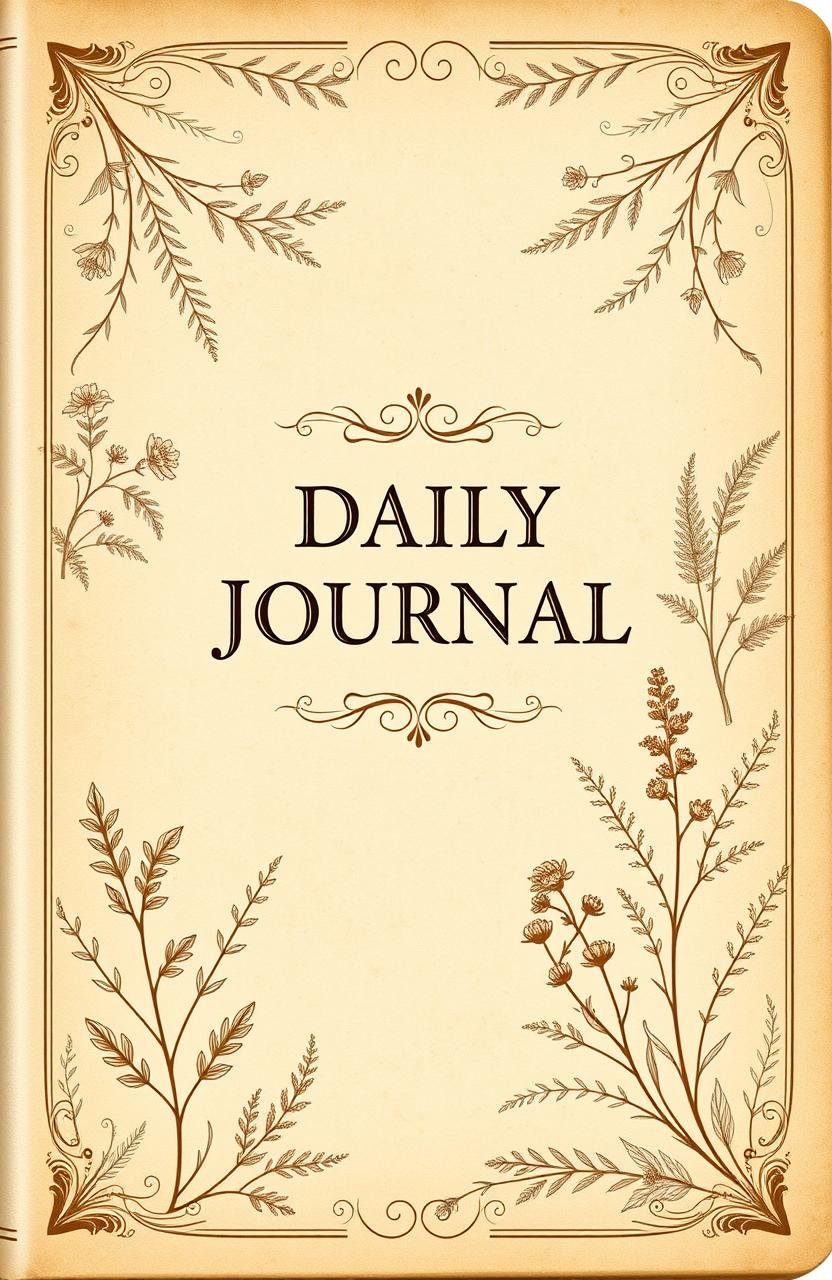 A vintage-inspired daily journal with a beige cover, featuring sepia-toned botanical illustrations intertwined with elegant flourishes